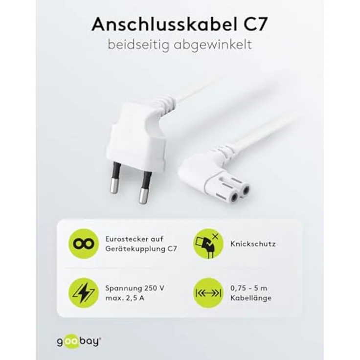 Goobay 97351 Euro Anschlusskabel beidseitig abgewinkelt, 2 m, Schwarz Eurostecker (Typ C, E 7-16) > Gerätebuchse C17 – Bild 3