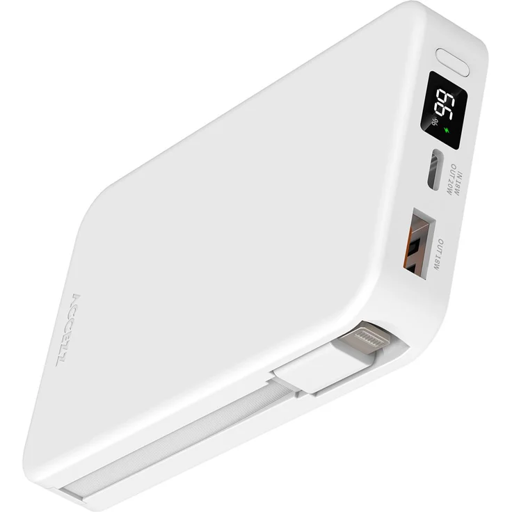 Accezz Powerbank 10.000 mAh mit integrierten Kabeln, weiß
