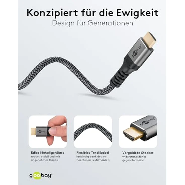 Goobay 51818 HDMI High Speed Kabel mit Ethernet, 4K, Ultra-HD, Full-HD, 3D, HDMI-Stecker > HDMI-Stecker, abwärtskompatibel, vergoldete Stecker, 1 m – Bild 4