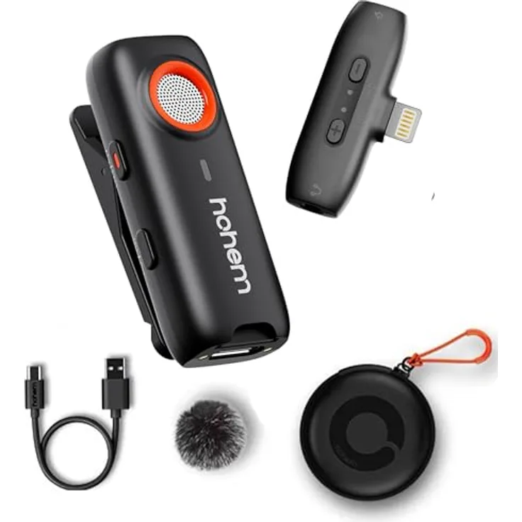 hohem MIC-01 Wireless Lavalier Mikrofon für iPhone iPad, MFi-zertifiziert, Fernbedienung, Geräuschunterdrückung, Integrierter Speicher, kabellos für Live-Stream (1TX+1RX)