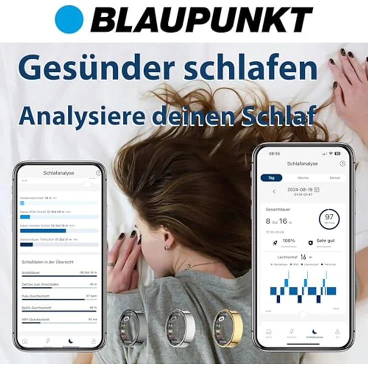 Blaupunkt Smart Ring V2 | Edelstahl Fitness- & Gesundheitsring mit IP68, Schritte, Schlaf, Puls, Blutsauerstoff SpO2, Kalorien | Schwarz, Größe 11, für Android und iOS – Bild 5