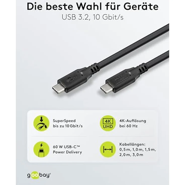 Goobay 74207 USB-Kabel USB 3.2 Gen 1, 2 m, USB C, 10 Gbit/s, Schwarz – Bild 2