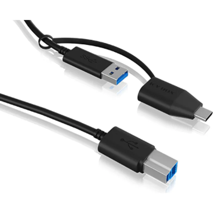 ICY BOX IB-CB032, USB 3.2 Gen 1 Kabel, USB Typ A zu USB Type B mit USB-C Adapter, 1 m, schwarz