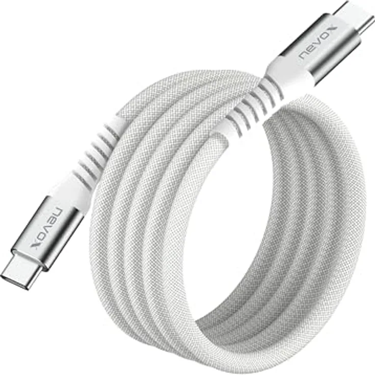 Nevox 2M USB-C zu USB-C 2.0 Kabel, 48V/5A (240W), magnetisch aufrollbar, USB-IF zertifiziert, 2 m, weiss