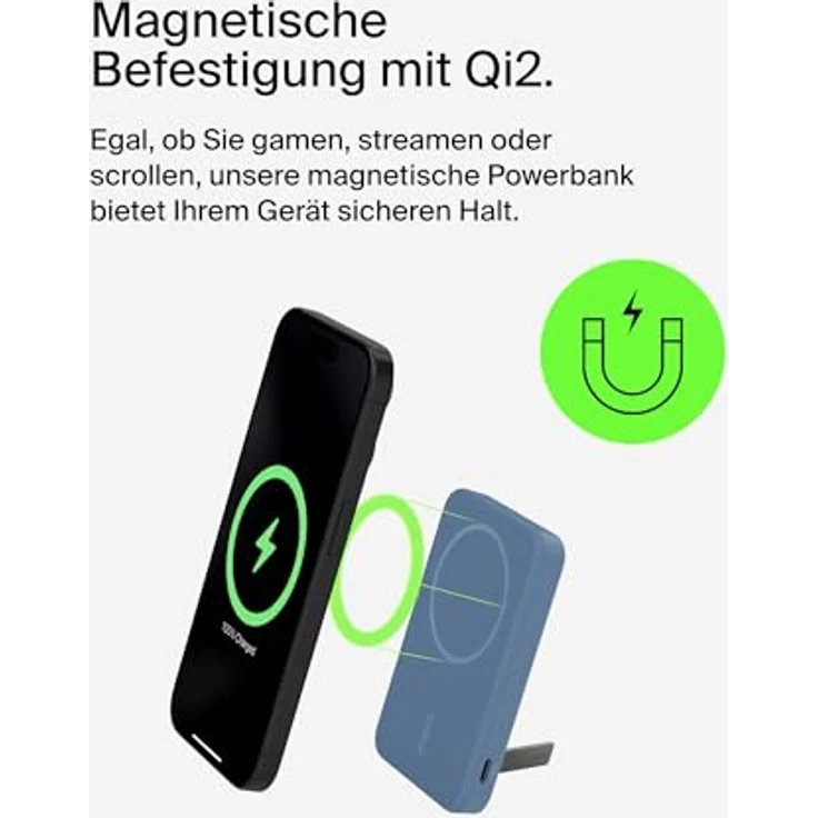 Belkin BoostCharge Pro 5000mAh kabellose Powerbank mit Qi2 und MagSafe, tragbares Ladegerät mit integriertem Ständer für iPhone 16, 15, 14, 13, 12 – Blau – Bild 5