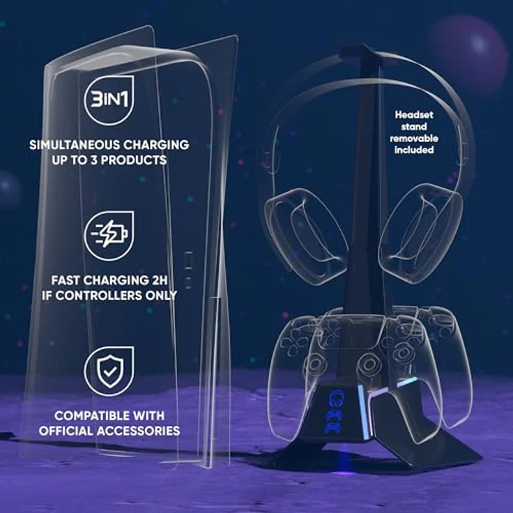 Oniverse PS5 Controller Ladegerät, 2H Schnellladestation mit abnehmbarer Kopfhörerhalterung, Dual Charger kompatibel mit DualSense, Schwarz – Bild 5