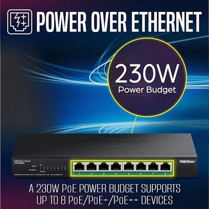 Trendnet 8-Port 2.5G PoE++ Switch, unmanaged Netzwerk Switch mit 230 Watt Gesamtbudget, 40 Gbit/s Switching-Kapazität, Jumbo-Frame-Unterstützung, Schwarz – Bild 6