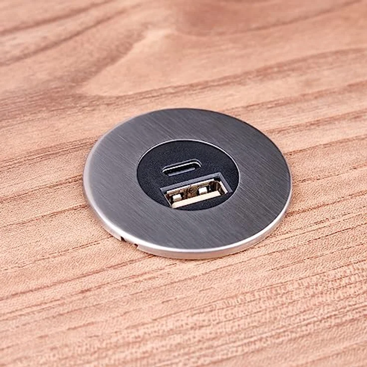 kalb Einbau USB-Hub 2 in 1 USB und USB-C, Edelstahl gebürstet, Steckdose für Möbel, 12V, platzsparend mit 200cm Kabel – Bild 3