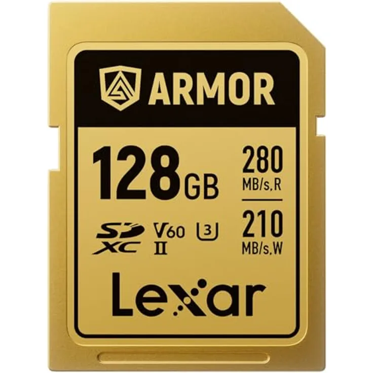 Lexar SDXC Pro Gold Series ARMOR UHS-II V60, 128 GB Speicherkarten, IP68, aus Edelstahl, Schreibgeschwindigkeit bis 210 MB/s, Lesegeschwindigkeit bis 280 MB/s