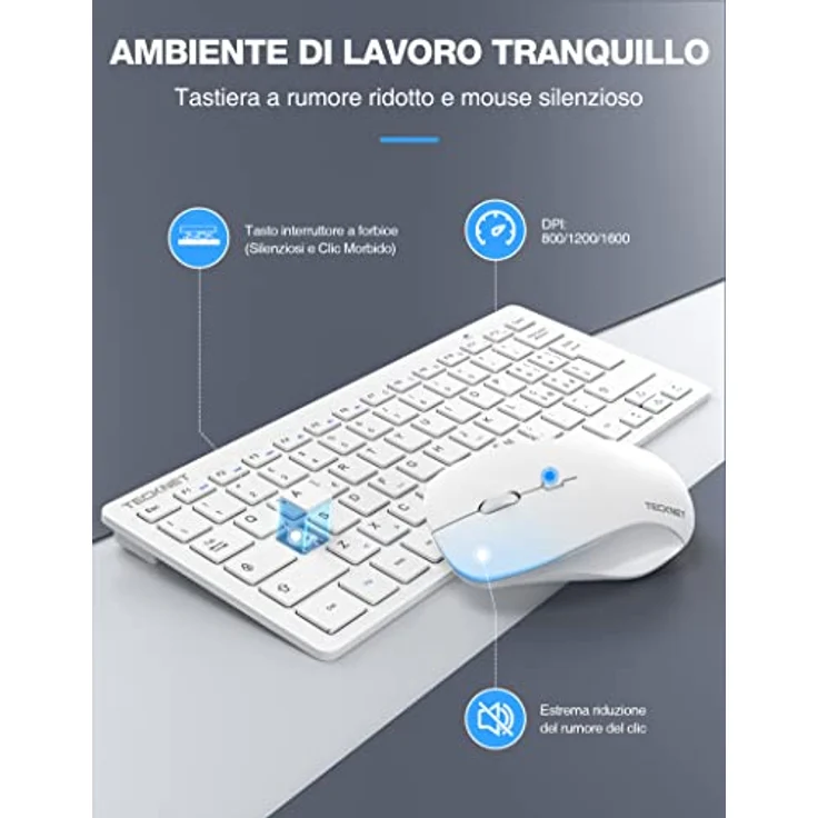 TECKNET Kabelloses Tastatur- und Maus-Set, italienisches QWERTY-Layout, 2,4 G Verbindung, leise Maus, USB-Nano-Empfänger, 12 Multimedia-Shortcuts – Bild 4