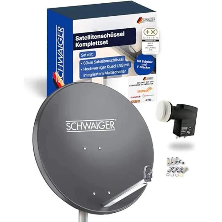 Schwaiger Satellitenanlage Set, Anthrazit Aluminium 80 cm, Offset Antenne mit Quad LNB für bis zu 4 Teilnehmer – Bild 1
