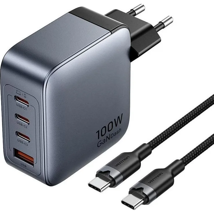 Vention Power Charger 3x USB-C 1x USB-A, 100 W USB Ladegerät mit 1 m USB-C auf USB-C Kabel, Grau