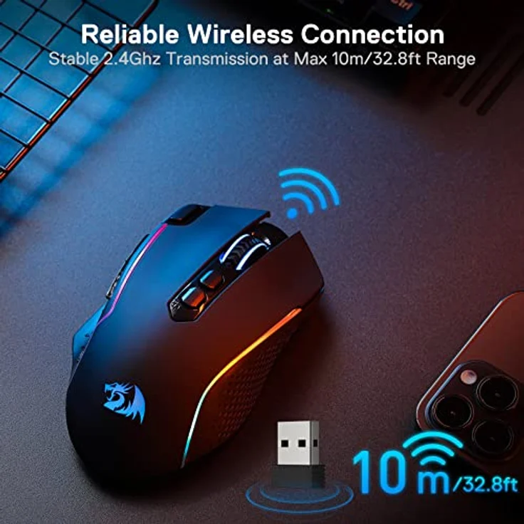 Redragon M810 Pro, Kabellose Gaming-Maus mit 10000 DPI, 8 programmierbaren Tasten, 45 Stunden Akkulaufzeit und RGB-Hintergrundbeleuchtung für PC/Mac/Laptop – Bild 4