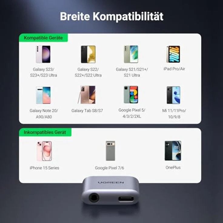Ugreen USB Typ C (männlich) USB Typ C PD QC (weiblich) + 3,5mm Miniklinke (weiblich) Audio Adapter grau – Bild 4