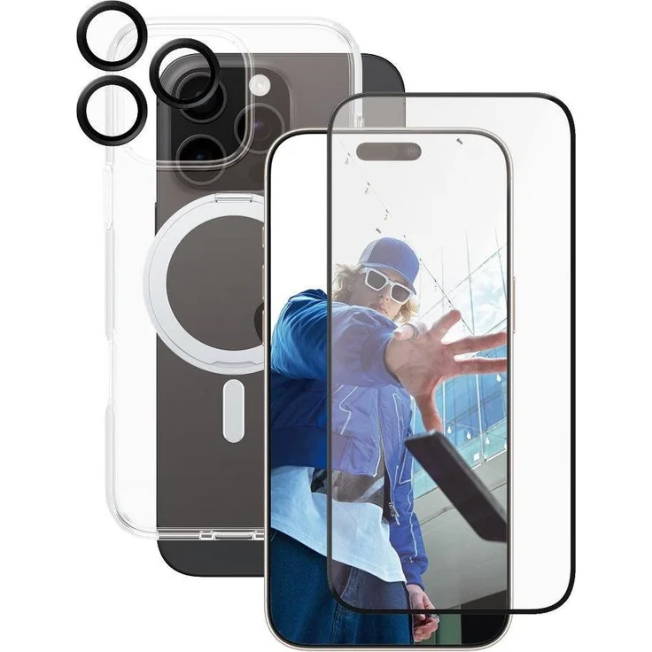 PanzerGlass CARE Feature 3-in-1 Ceramic Bundle, Displayschutz für iPhone 16 Pro Max, 5x stärkere Folie, integrierter Kickstand, Hülle aus recyceltem Plastik, MagSafe-kompatibel, Schwarz/Transparent/Silber