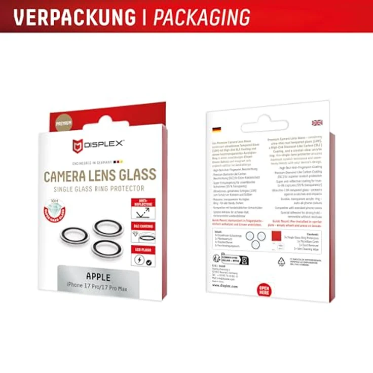 DISPLEX Premium Camera Lens Glass für iPhone 17 Pro/17 Pro Max, 10H Echtglas Schutzringe, transparent, Quick Mount, anti-fingerprint, passgenau – Bild 5
