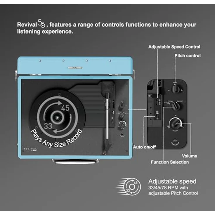 Mixx Revival 55 Stereo-Vinyl-Plattenspieler, Retro Vintage-Design mit Bluetooth-Funktion, integrierten Lautsprechern und 45-RPM-Adapter, hellblau – Bild 3