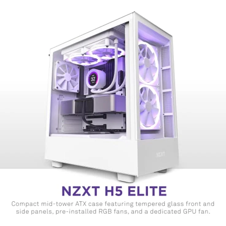 Nzxt H5 Elite - CC-H51EW-01 - Premium ATX Mid-Tower PC Gaming Gehäuse - Dual Tempered Glass Fenster - RGB Lüfter - Front I/O USB-C - Extra GPU - Wasserkühlung Ready - Weiß – Bild 2