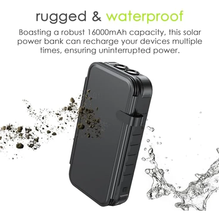 Boompods Neutron 16000mAh Faltbare Solar Powerbank - Tragbares Ladegerät mit Schnellladefunktion, Power Bank mit Solarpanel, 2x USB für Handy und Tablet, Camping-Taschenlampe, Schwarz – Bild 2