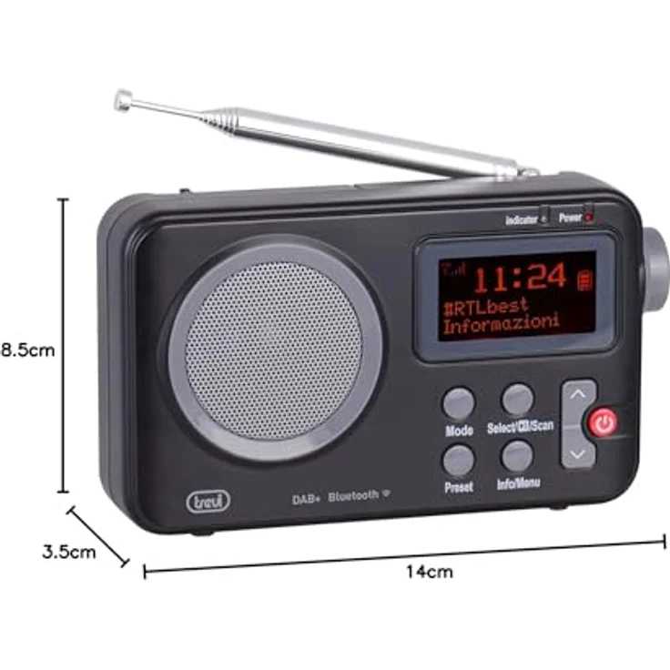 Trevi DAB 7F80 R tragbares DAB+ Radio mit Bluetooth, Uhr, programmierbaren Weckern, Kopfhöreranschluss, batteriebetrieben – Bild 3