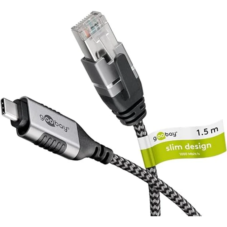 Goobay Ethernet-Kabel USB-C 3.1 auf RJ45 Slim, 1.5 m, CAT 6, schwarz-silber, bis 1 Gbit/s, kompatibel mit Thunderbolt 3 – Bild 1