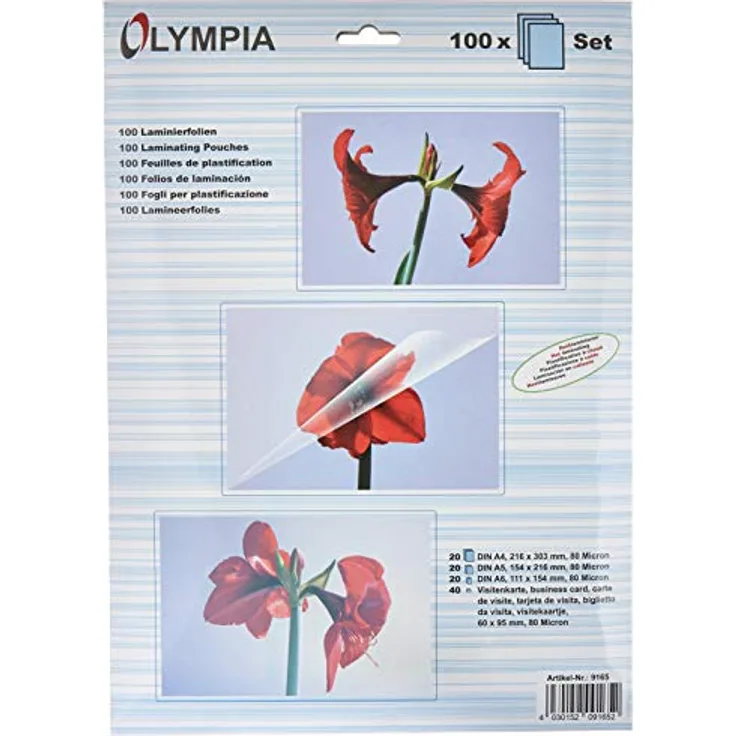 Olympia Laminierfolie Set, 80 µm, für DIN A4, A5, A6 und 95 x 60 mm, 1 Set