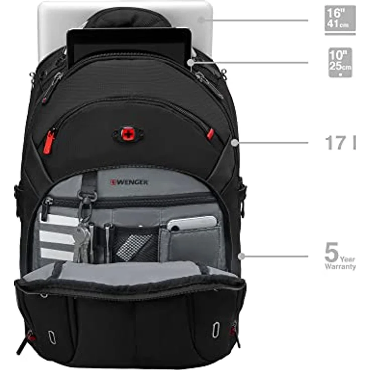 WENGER Gigabyte Laptop-Rucksack mit Tabletfach, Notebook bis 16 Zoll, Tablet bis 10 Zoll, Organizer, 17 l, Damen Herren, Büro Business-Reisen Uni, Schwarz, 600627 – Bild 3