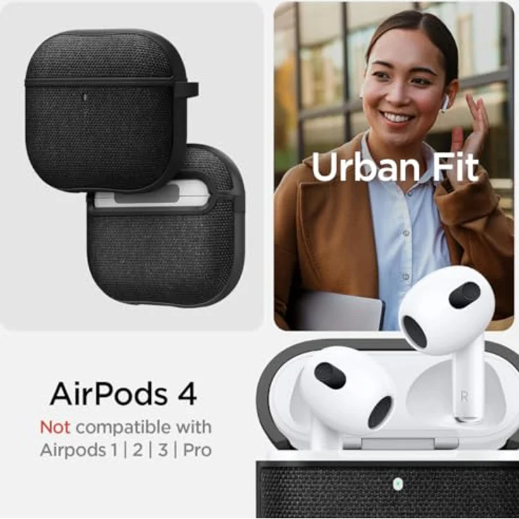 Spigen Urban Fit Hülle Case für AirPods 4 (2024) - Schwarz, hochwertiger Strickstoff, kabelloses Laden, POP Up-Mechanik – Bild 2