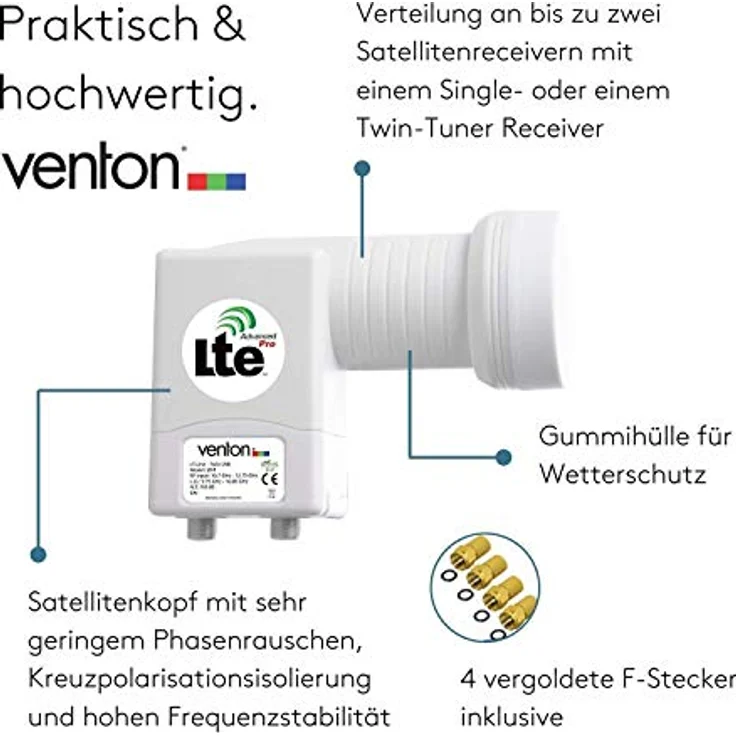 Venton Twin LNB Sat digital 0.1dB für 2fach doppel Teilnehmer direkt Anschluss HD TV 3D 4K + Wetterschutz (ausziehbar) im Set mit 4 F-Stecker Kontakte vergoldet – Bild 4