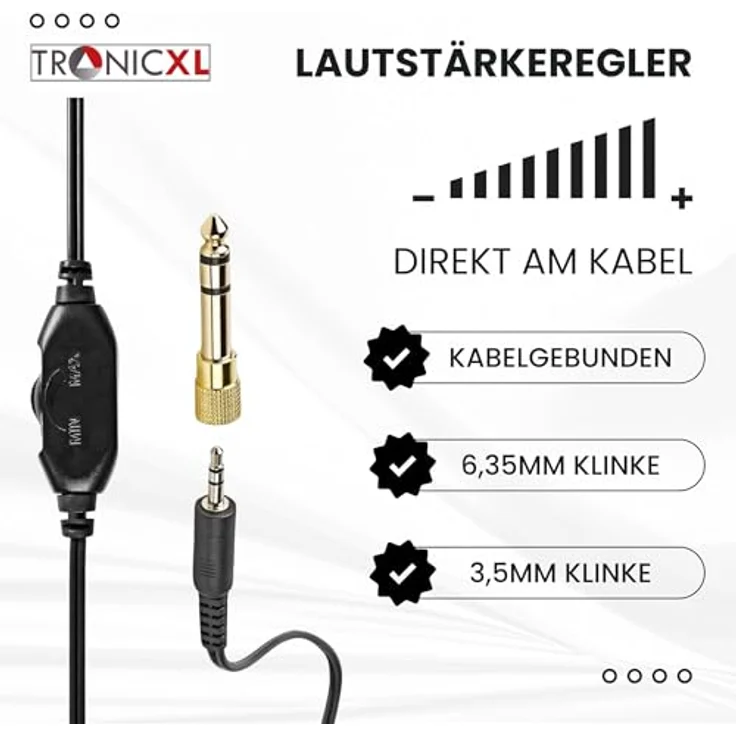 TronicXL Fernsehkopfhörer Kopfbügel Kopfhörer I 6m langes Kabel I Stereo TV Fernseh Headphones Fernseher PC HiFi I Bügel Kopfhörer 3,5mm Klinke 6,35mm Klinkenstecker - Schwarz – Bild 4