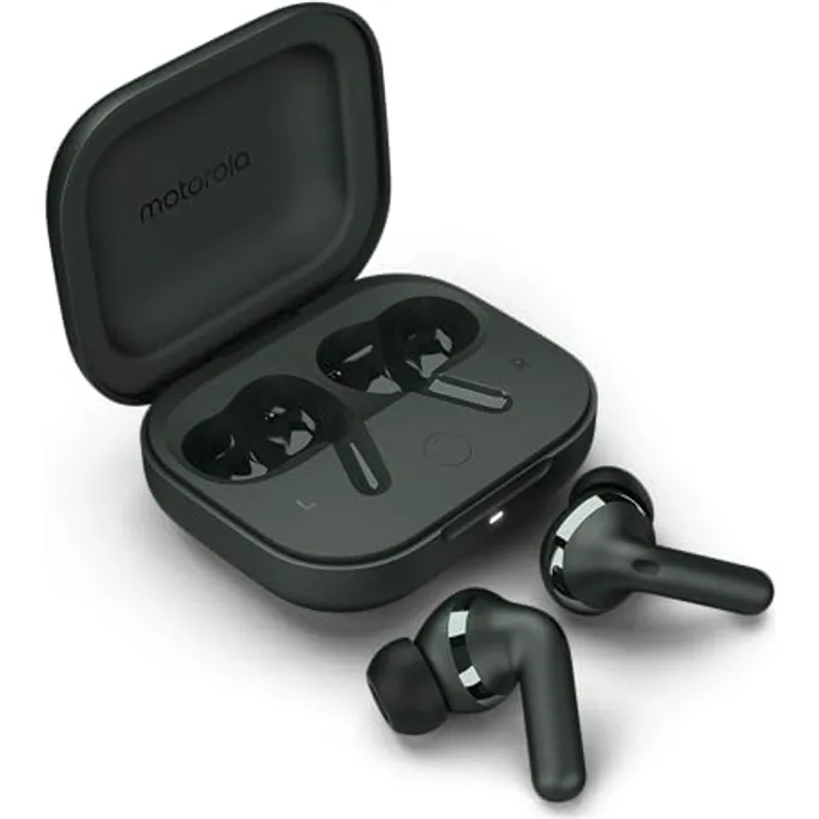 Motorola Moto Buds+ Sound by Bose (Bluetooth 5.3 Earbuds, Dolby Head Tracking + Dolby Atmos, aktive Geräuschunterdrückung, kabelloses Laden, bis zu 38 Stunden Akku, 3-Fach-Mikrofonsystem) Forest Grey