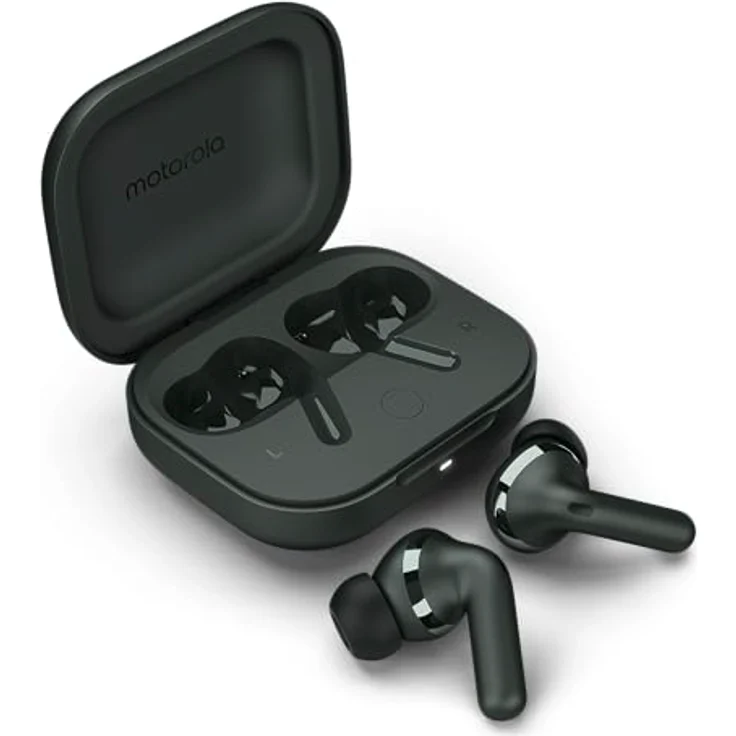 Motorola Moto Buds+ Sound by Bose (Bluetooth 5.3 Earbuds, Dolby Head Tracking + Dolby Atmos, aktive Geräuschunterdrückung, kabelloses Laden, bis zu 38 Stunden Akku, 3-Fach-Mikrofonsystem) Forest Grey – Bild 1