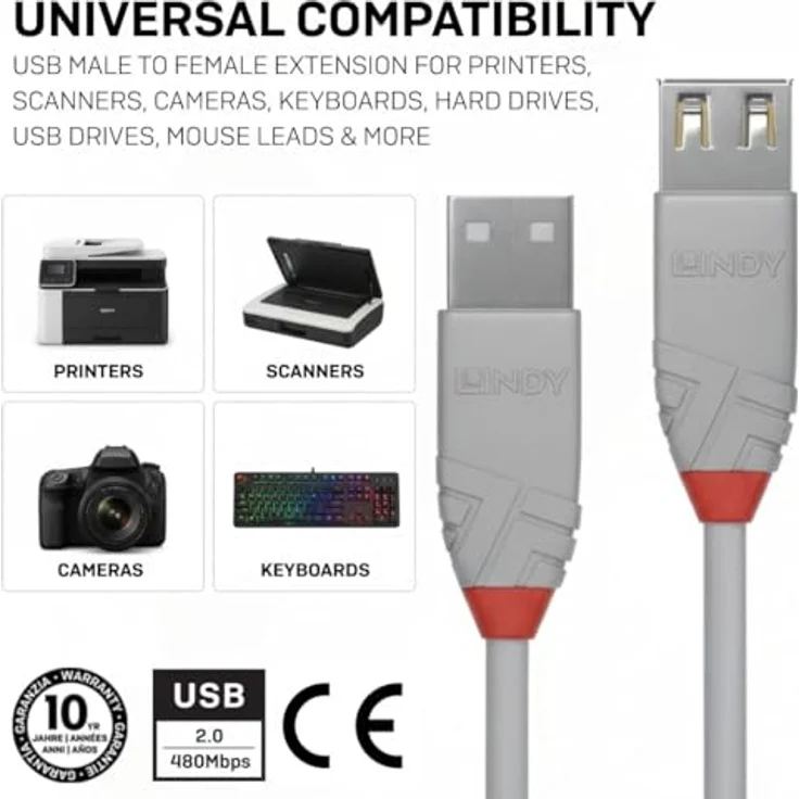 Lindy Anthra Line - USB-Verlängerungskabel - USB (M) bis USB (W) - USB2.0 - 20cm - rund - Grau (36710) – Bild 3