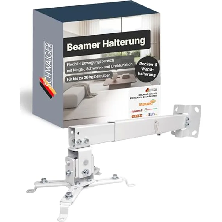 SCHWAIGER Beamer-Halterung Universal für Decke & Wand, schwenkbar und neigbar, bis 20 kg belastbar, pulverbeschichtet in weiß, inkl. Montagematerial