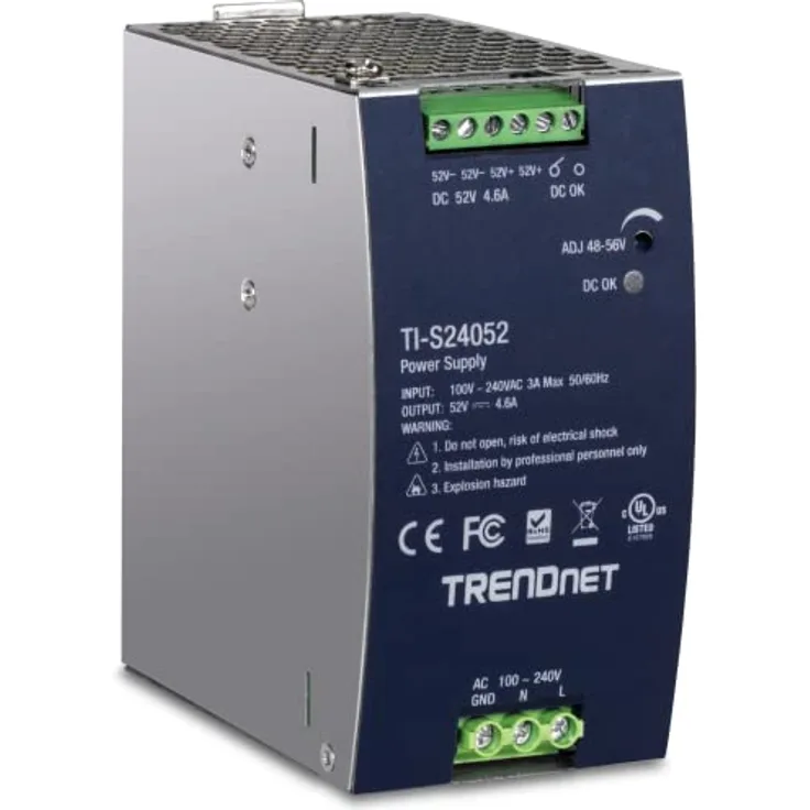 TRENDnet 240W 52V DC, 4.61A AC zu DC DIN-Schiene Industrielles Netzteil, Silber, mit extremem Betriebstemperaturbereich