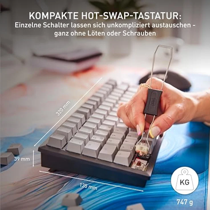 CHERRY KW 300W MX, Mechanische Tastatur mit Cherry MX2A Silent Red Switches, Kabellos & Kabelgebunden, USB + Bluetooth, LED, 75%-Formfaktor, Schwarz / Kupfer / Grau – Bild 3