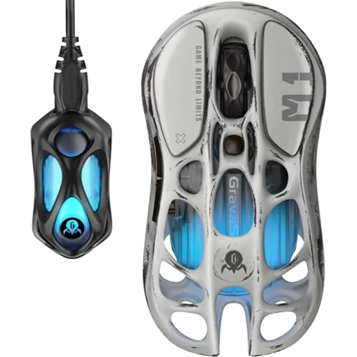 GravaStar Mercury M1 Pro Gaming-Maus, MMO-Computer-Gaming-Mäuse mit 4K-Empfänger, 26.000 DPI, 88 g leichtes ausgehöhltes Design, 5 programmierbare Tasten, 5 dynamische Lightsync-RGB-Modi, Silver Mist – Bild 1