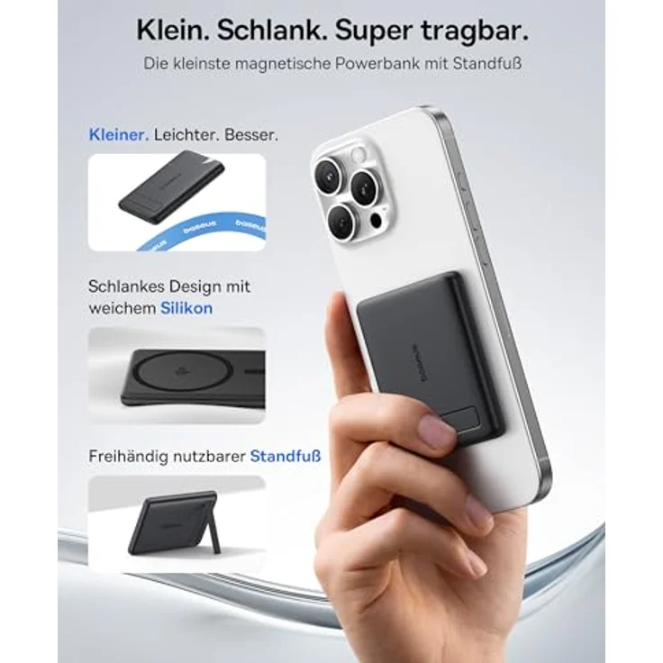 Baseus Mini MagSafe Powerbank 5000mAh, Qi2-zertifiziert mit Klappbarem Ständer, PD 20W, Magnetische Power Bank für iPhone 17/16/15/14/13/12/Pro Max, Schwarz – Bild 2