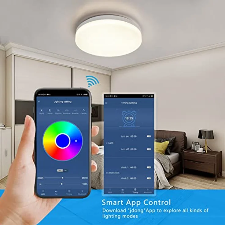 JDONG Bluetooth Deckenleuchte 24W LED mit Lautsprecher, Fernbedienung und APP-Steuerung, RGB Farbwechsel, dimmbar, IP44 Wasserfest,Weißes Rauschen Einstellbar für Schlafzimmer Kinderzimmer Ø26CM – Bild 5