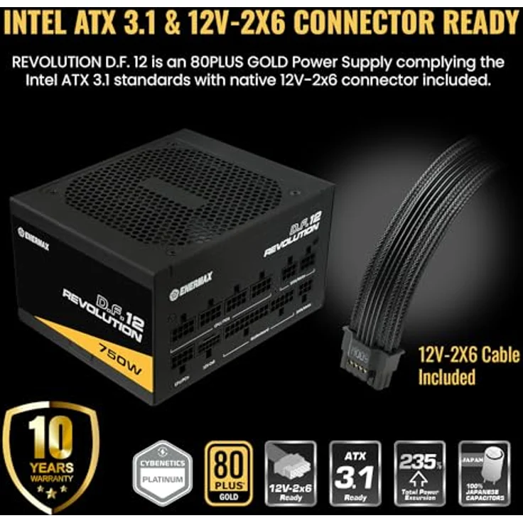 ENERMAX Revolution D.F. 12 ATX3.1 PCI-e 5.1 Ultrakompakt 750W Netzteil 80Plus Gold (Vollmodular, 50% Semi-Fanless, 12V-2x6); ETV750G, schwarz – Bild 5