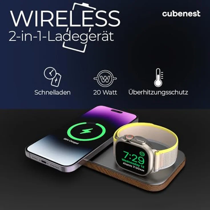 CubeNest 2in1 Magnetisches kabelloses Ladegerät mit MagSafe Technologie - Schnellladefunktion für Apple Watch 7-9, Ultra 1-2, iPhone 12-15, AirPods 2/3/Pro, Qi-Geräte (Grey) – Bild 4