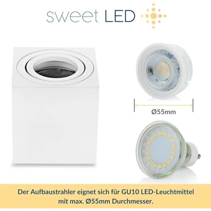 Sweet Led Aufbauleuchte Aufbaustrahler Deckenleuchte Aufputz, eckig - matt Weiss, mit GU10 Fassung 230V Alu-gebüstet und schwenkbar – Bild 4