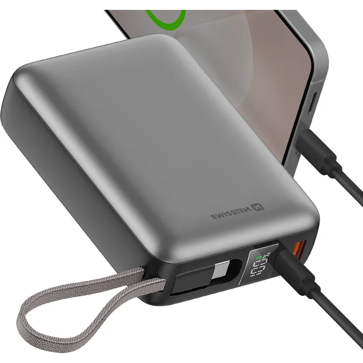 Swissten Externer Akku 20000mAh 45W mit integriertem USB-C-Kabel und USB-A-Ausgang, Silber
