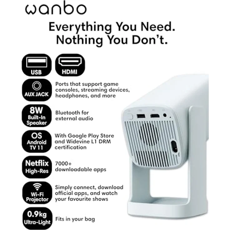 Wanbo Cube 1, HD Beamer mit 1280 x 720 Pixeln, 350 ANSI-Lumen Helligkeit, Android 11, WLAN, Alpine White – Bild 5