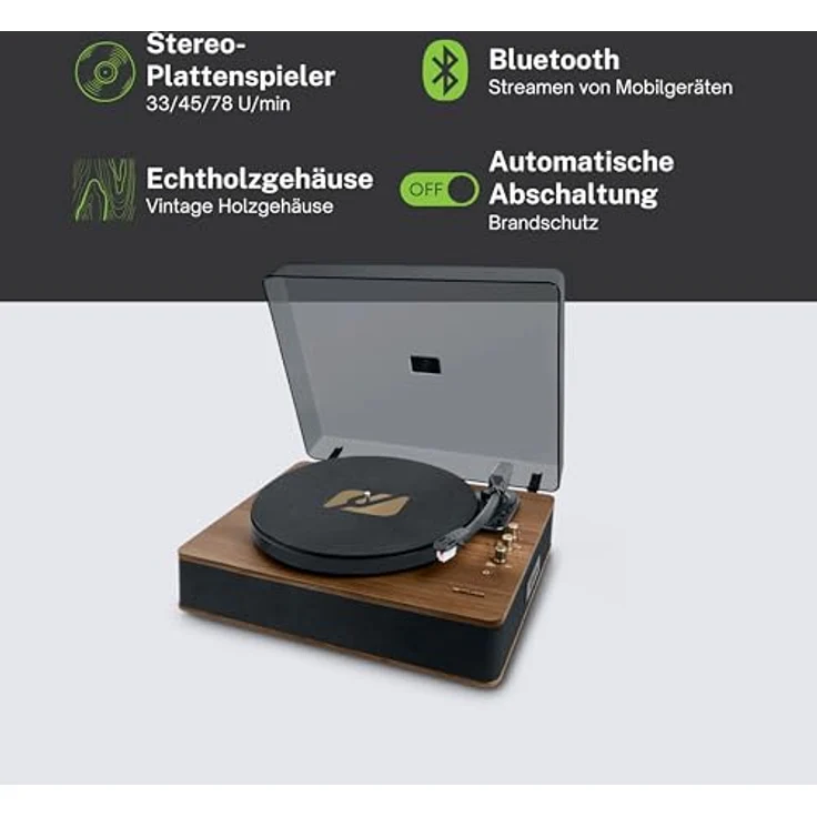 MUSE Plattenspieler, Bluetooth-Schallplattenspieler mit HiFi Stereo Lautsprecher, 3 Geschwindigkeiten Vinyl-zu-USB/Aux-In/RCA, Vintage – Bild 4