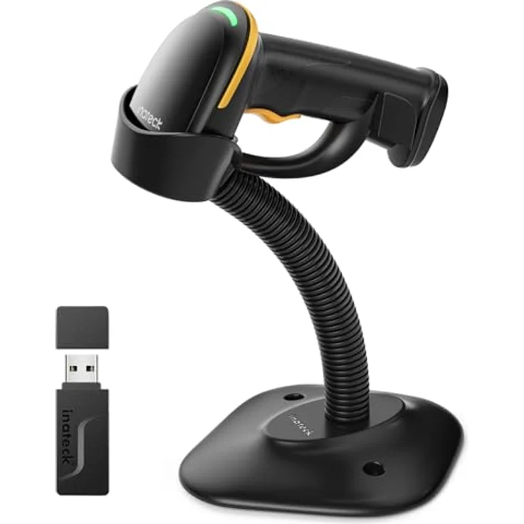 Inateck BCST-35, Kabelloser 2D Barcode Scanner mit 2600mAh Akku und intelligentem Ständer, Bluetooth und APP Unterstützung, gelb – Bild 1