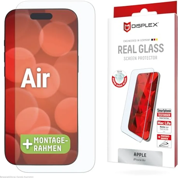 Displex Real Glass 2D/ Clear (10H) Displayschutzfolie für Apple iPhone Air, kratzresistent, hüllenfreundlich, mit Montagerahmen – Bild 1