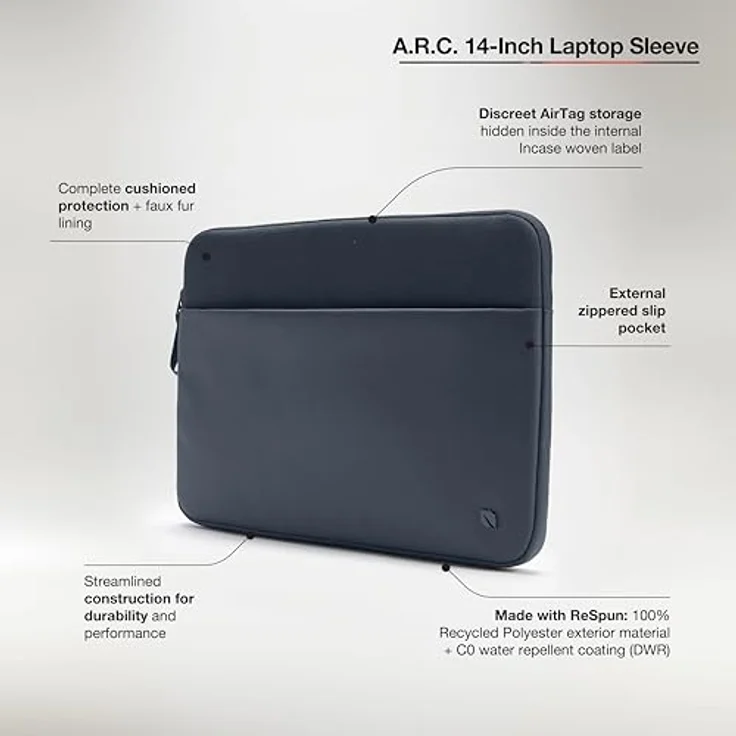 Incase A.R.C. 14 Zoll Laptophülle, komplett gepolstert aus 100% recyceltem Polyester, wasserabweisend, externe Aufbewahrung, Marineblau – Bild 3