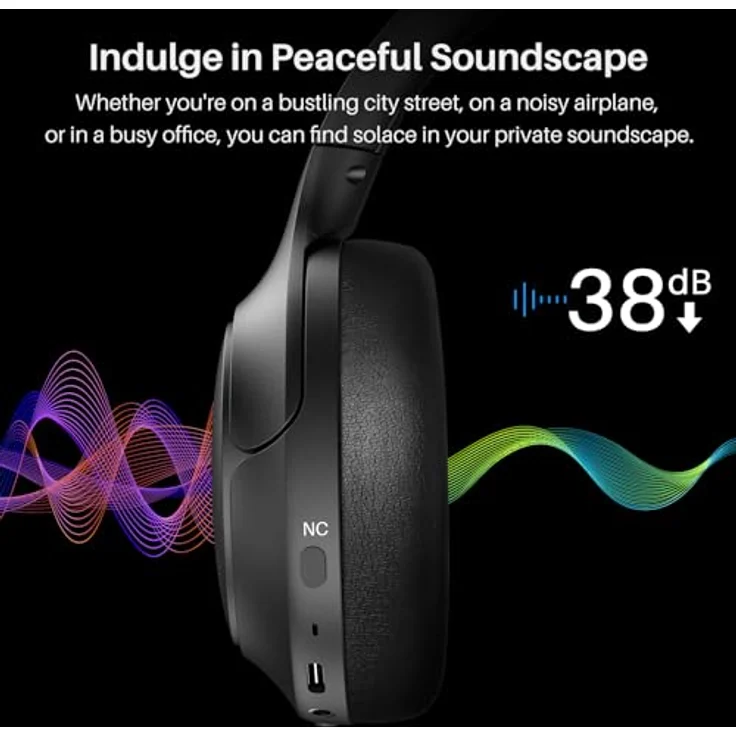 TOZO HT2 Kabelloser Bluetooth Kopfhörer Over-Ear mit Hybrid Active Noise Cancelling, 56 Stdn. Spielzeit, Hi-Res Audio, Kristallklare Anrufe, Tiefer Bass, APP Steuerung - Schwarz – Bild 3