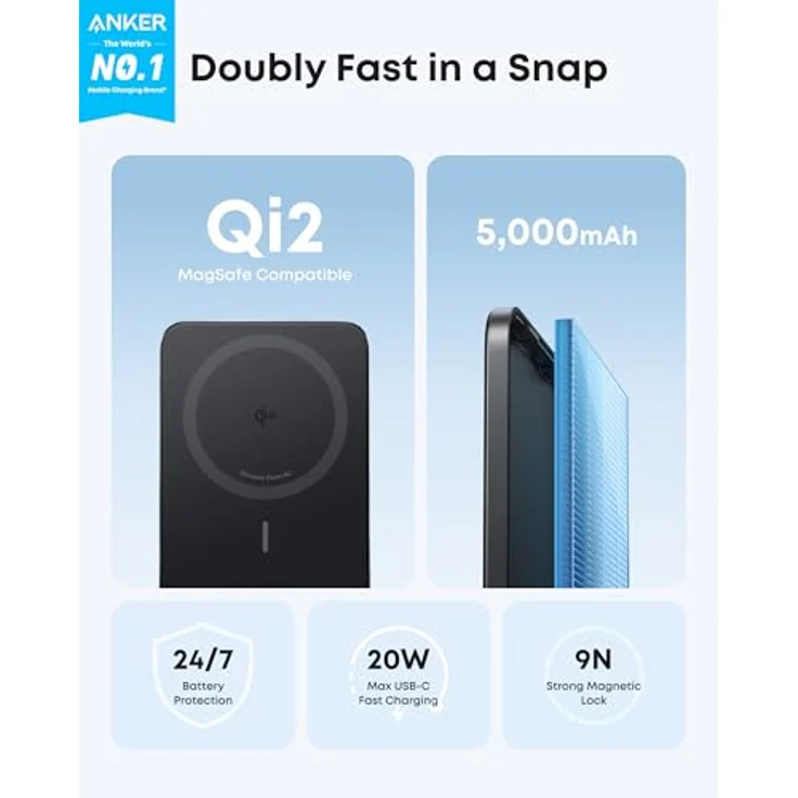 Anker MagGo Power Bank 5K Slim, 5000 mAh, 15 W, Powerbank, Schwarz – Bild 3